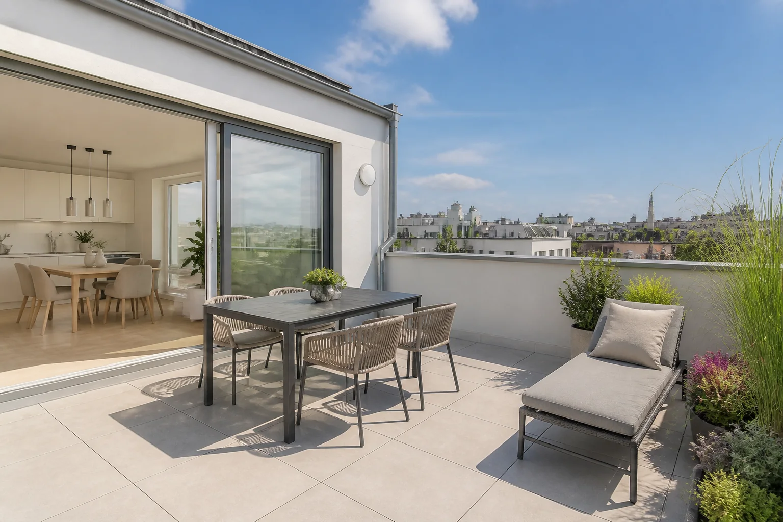 Helle österreichische Wohnung mit vollständig sichtbarer Dachterrasse